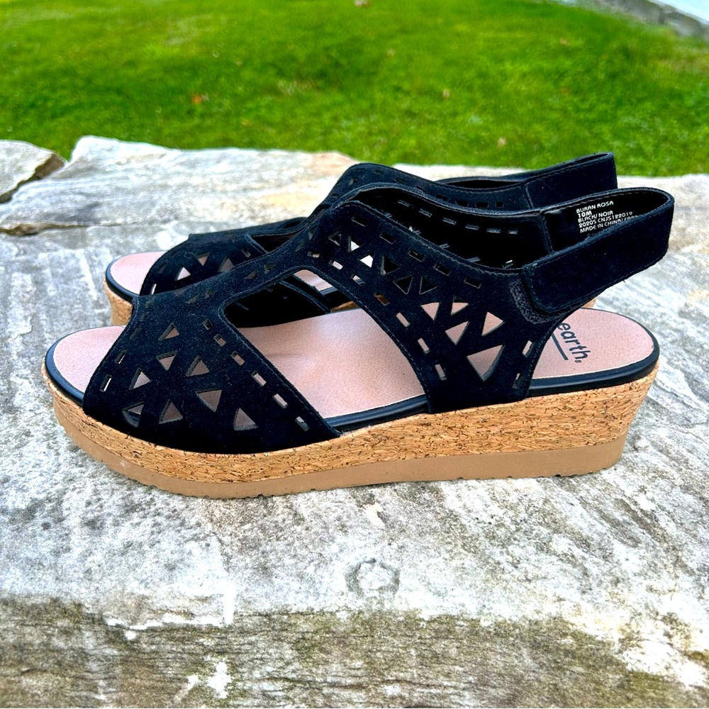 Earth Black Cork Wedge Sandals